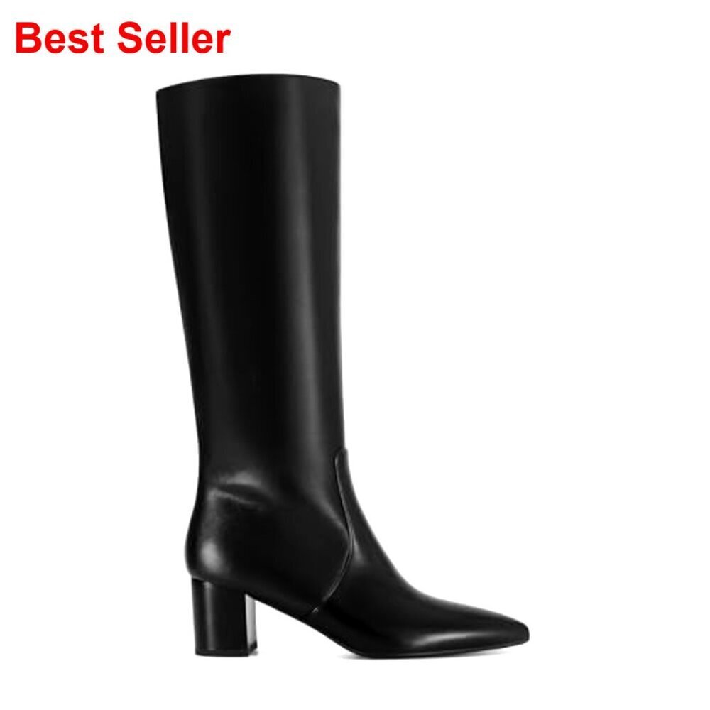 Knee High Boots Pointed Toe Chunky Heel Side Zipper Faux Leather Dressy - Picture 6 of 7